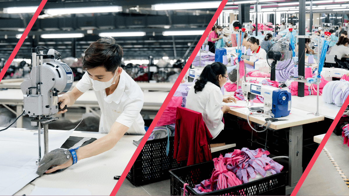 Collage of Active Wear Productions Vietnam apparel manufacturing facility showcasing skilled labor, sustainability features, and modern operations