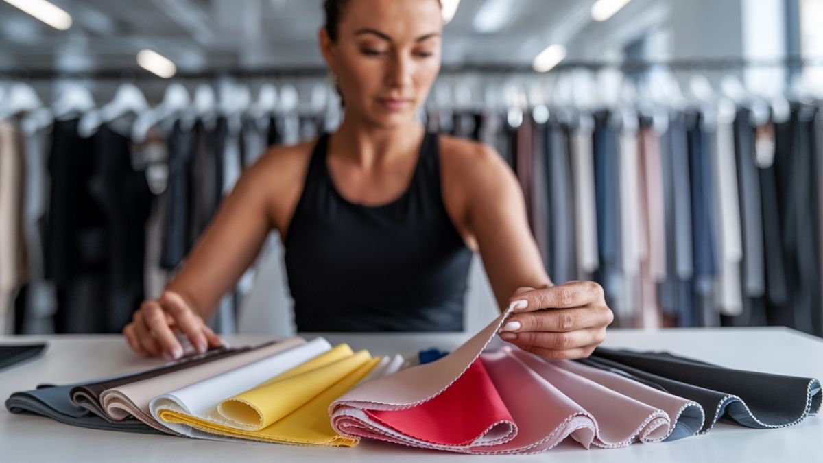 Person reviewing fabric swatches to choose sustainable activewear fabrics
